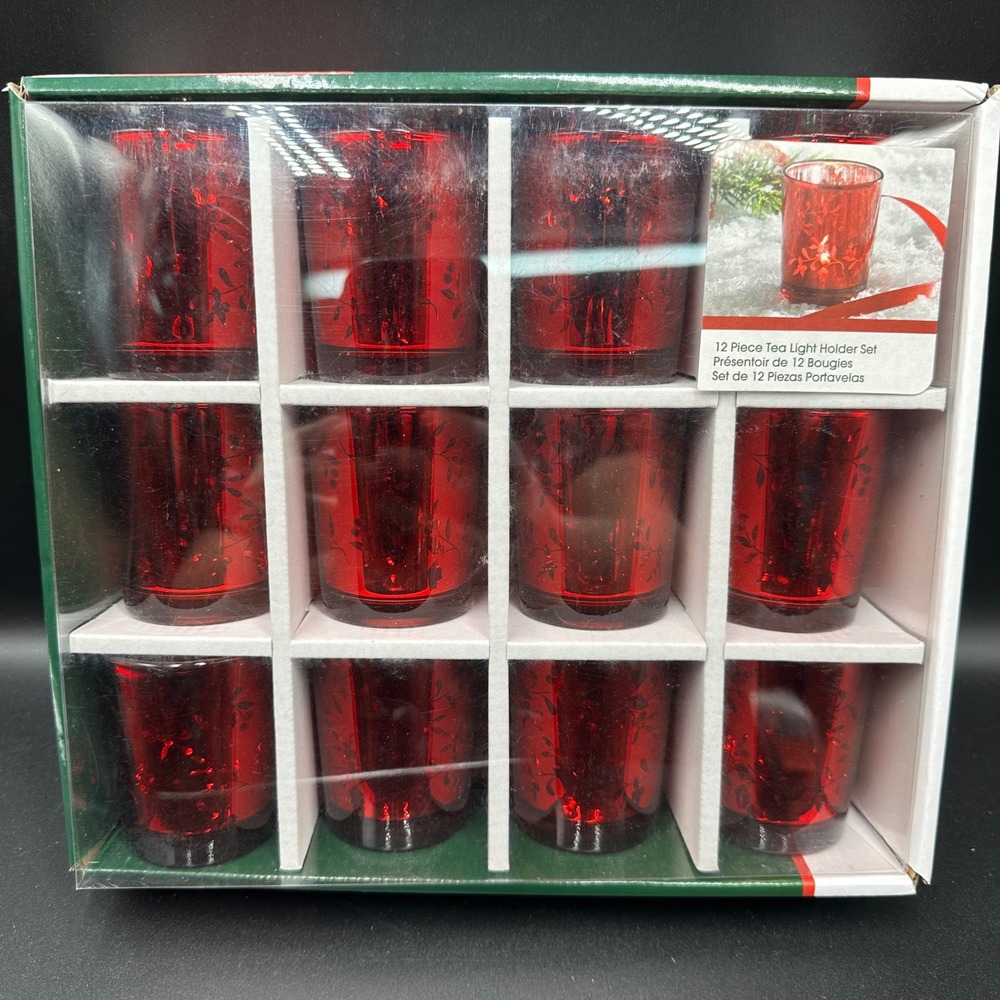 Pfaltzgraff Winterberry Tea Light Holder Set 12pc Red Glass Holiday Decor NEW